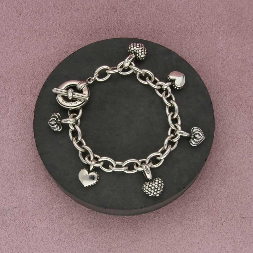 lagos sterling silver caviar heart charm toggle bracelet size 7in